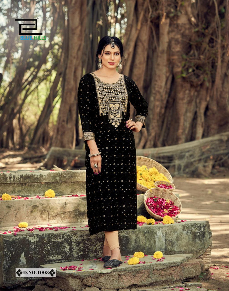 Blue Hills Classic Vol 1 Rayon Fancy Embroidered Straight Cut Festive Wear Kurtis