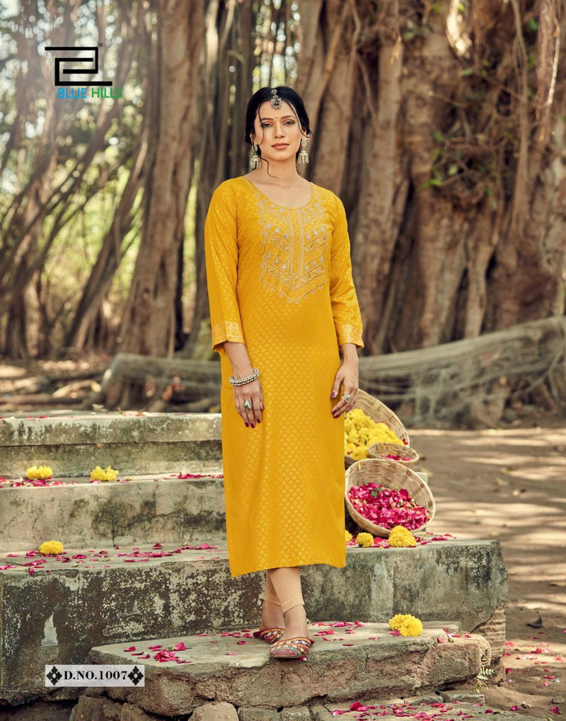 Blue Hills Classic Vol 1 Rayon Fancy Embroidered Straight Cut Festive Wear Kurtis