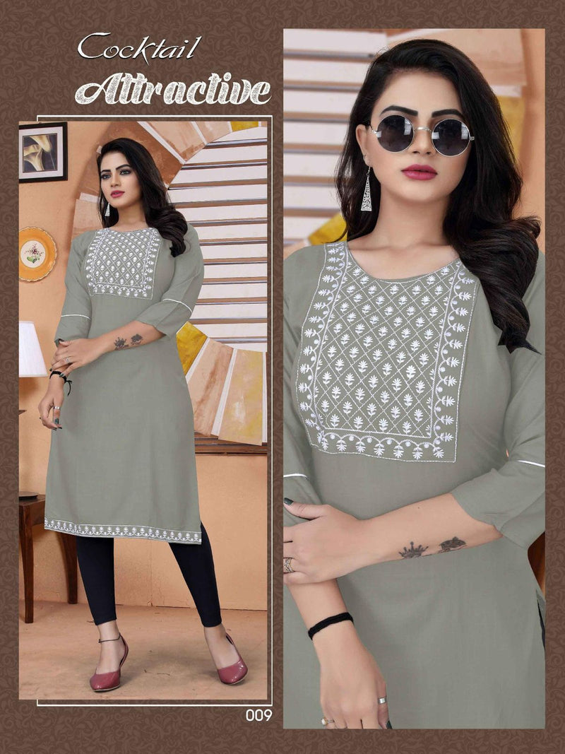 MF Cocktail Rayon With Embroidered Fancy Designer Casual Wear Kurtis