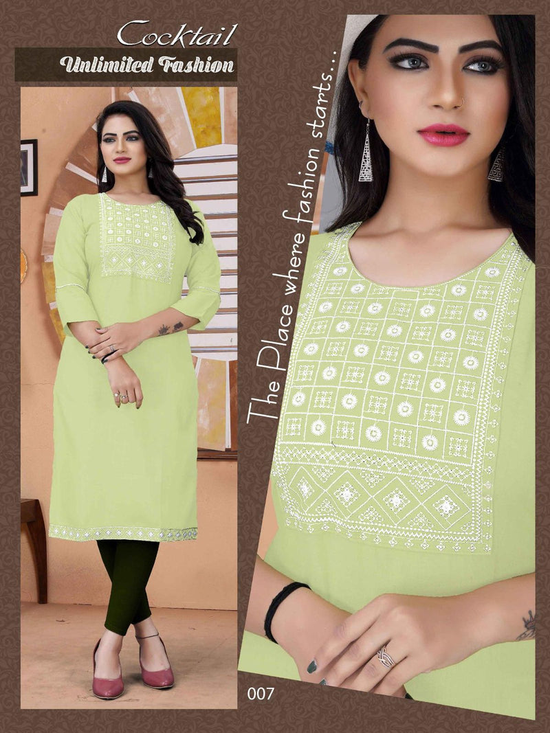 MF Cocktail Rayon With Embroidered Fancy Designer Casual Wear Kurtis