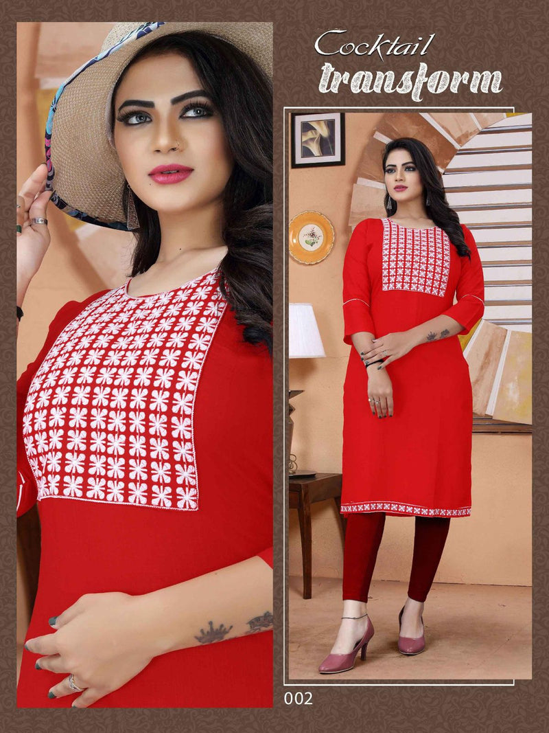 MF Cocktail Rayon With Embroidered Fancy Designer Casual Wear Kurtis