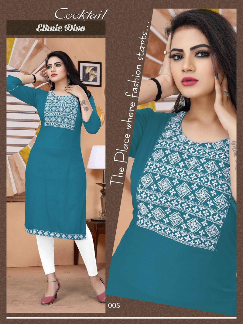MF Cocktail Rayon With Embroidered Fancy Designer Casual Wear Kurtis