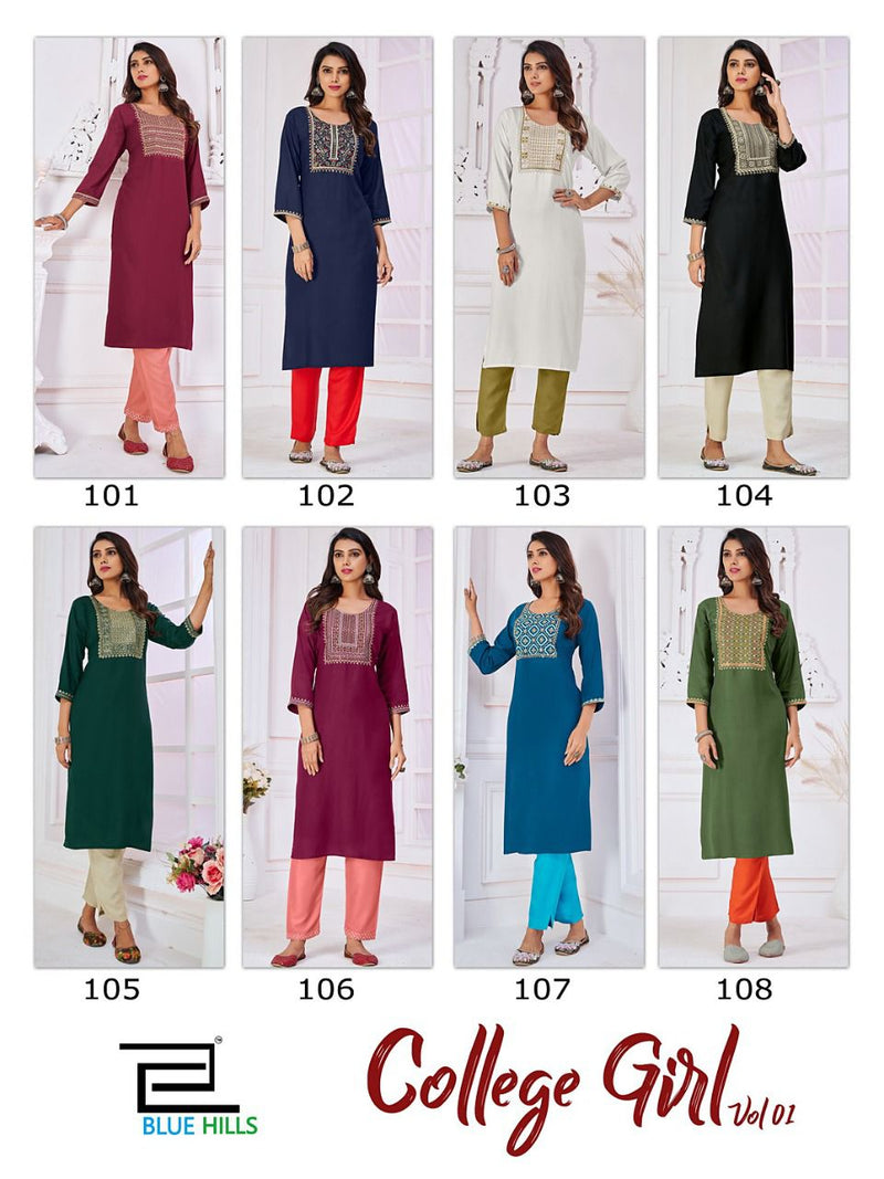 Blue Hills College Girl Vol 1 Rayon With Heavy Embroidery Work Stylish Designer Fancy Kurti
