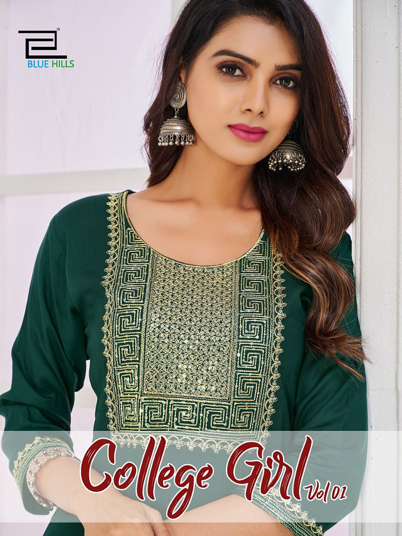 Blue Hills College Girl Vol 1 Rayon With Heavy Embroidery Work Stylish Designer Fancy Kurti