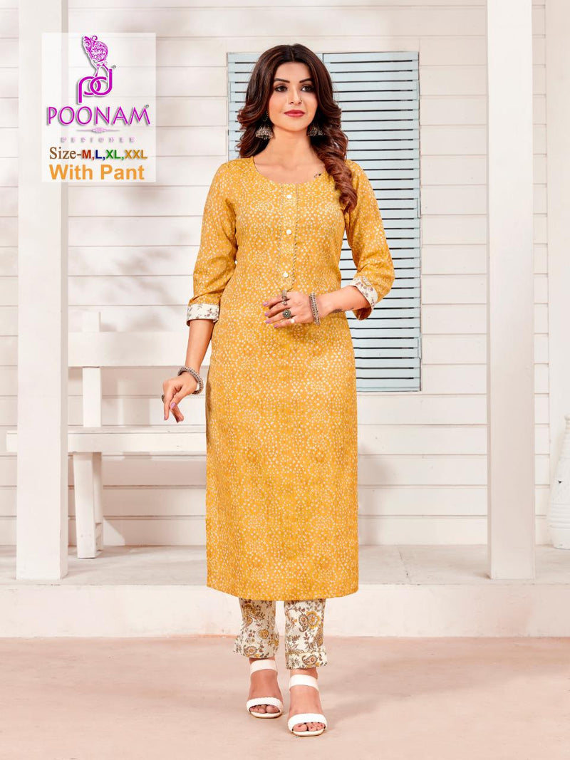 Poonam Designer Colorbar Rayon Festive Wear Kurtis With Bottom