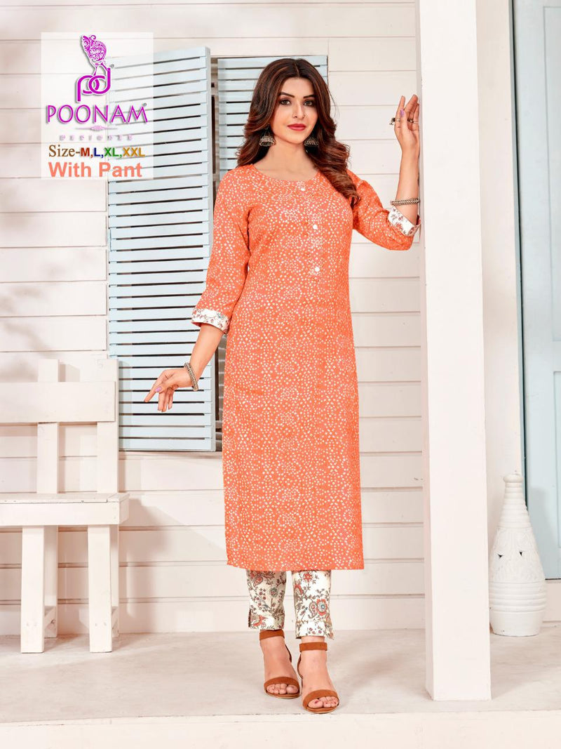 Poonam Designer Colorbar Rayon Festive Wear Kurtis With Bottom