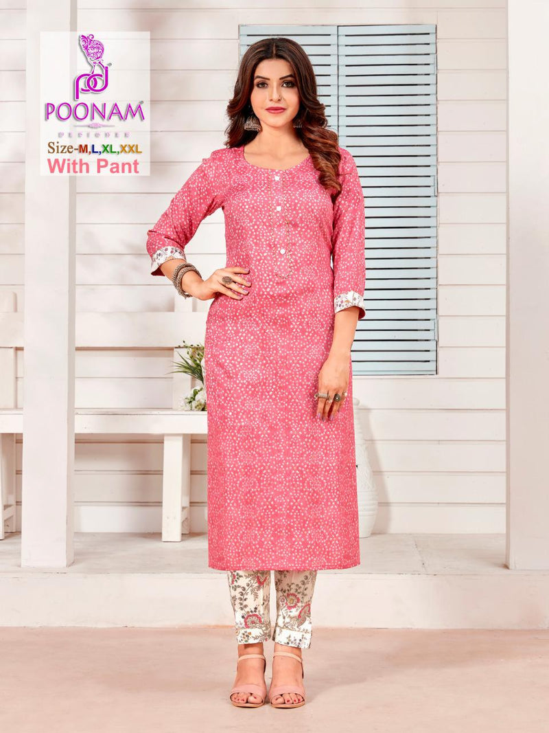 Poonam Designer Colorbar Rayon Festive Wear Kurtis With Bottom