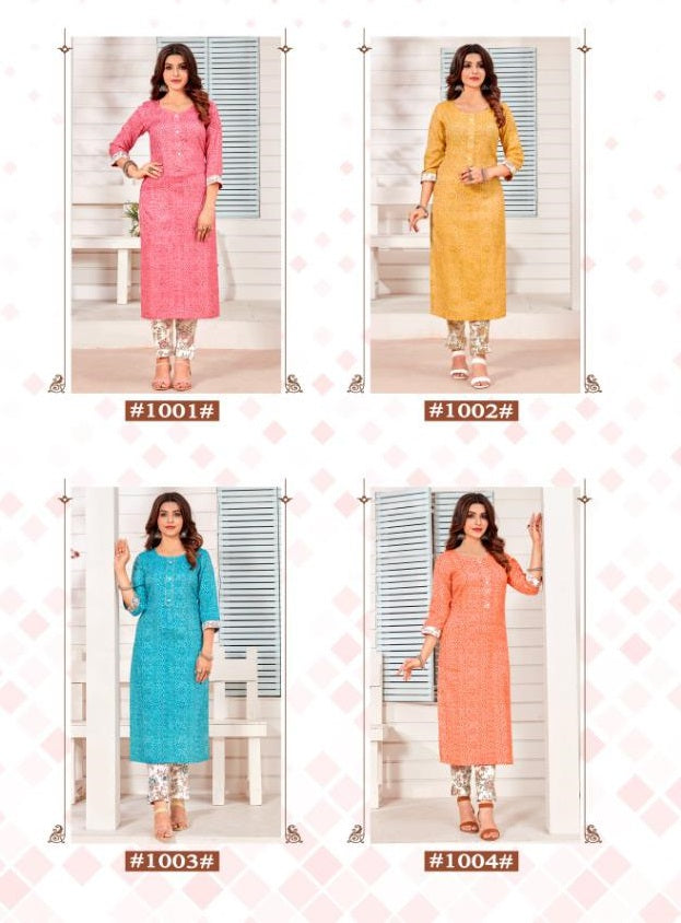 Poonam Designer Colorbar Rayon Festive Wear Kurtis With Bottom