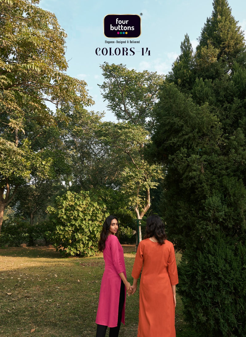 Four Button Colors Vol 14 Pure Cotton With Heavy Embroidery Work Stylish Designer Casual Kurti