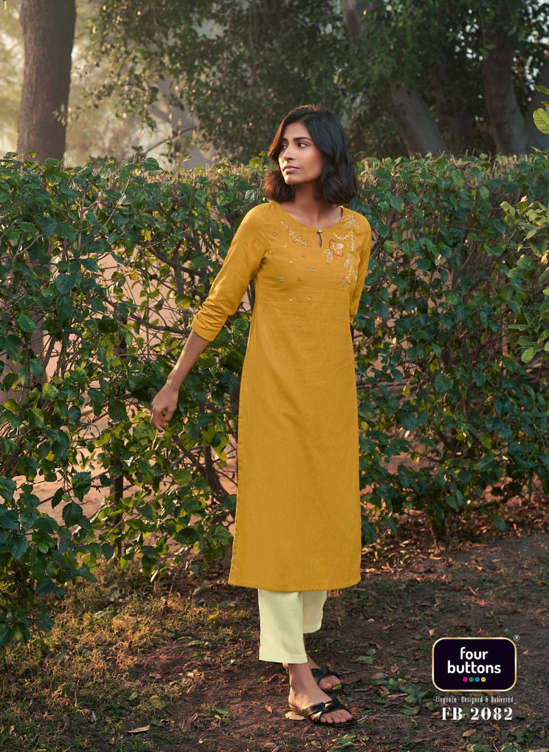 Four Button Colors Vol 14 Pure Cotton With Heavy Embroidery Work Stylish Designer Casual Kurti