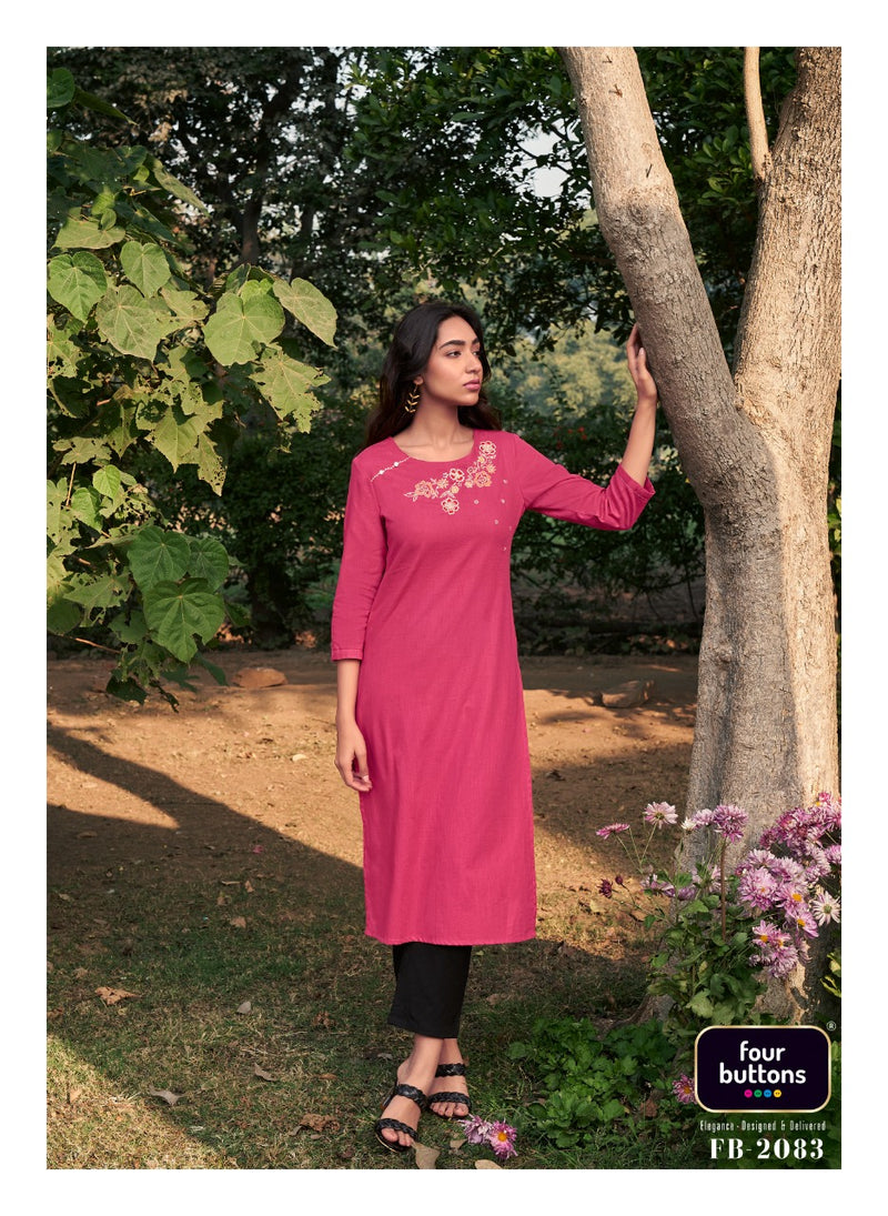 Four Button Colors Vol 14 Pure Cotton With Heavy Embroidery Work Stylish Designer Casual Kurti