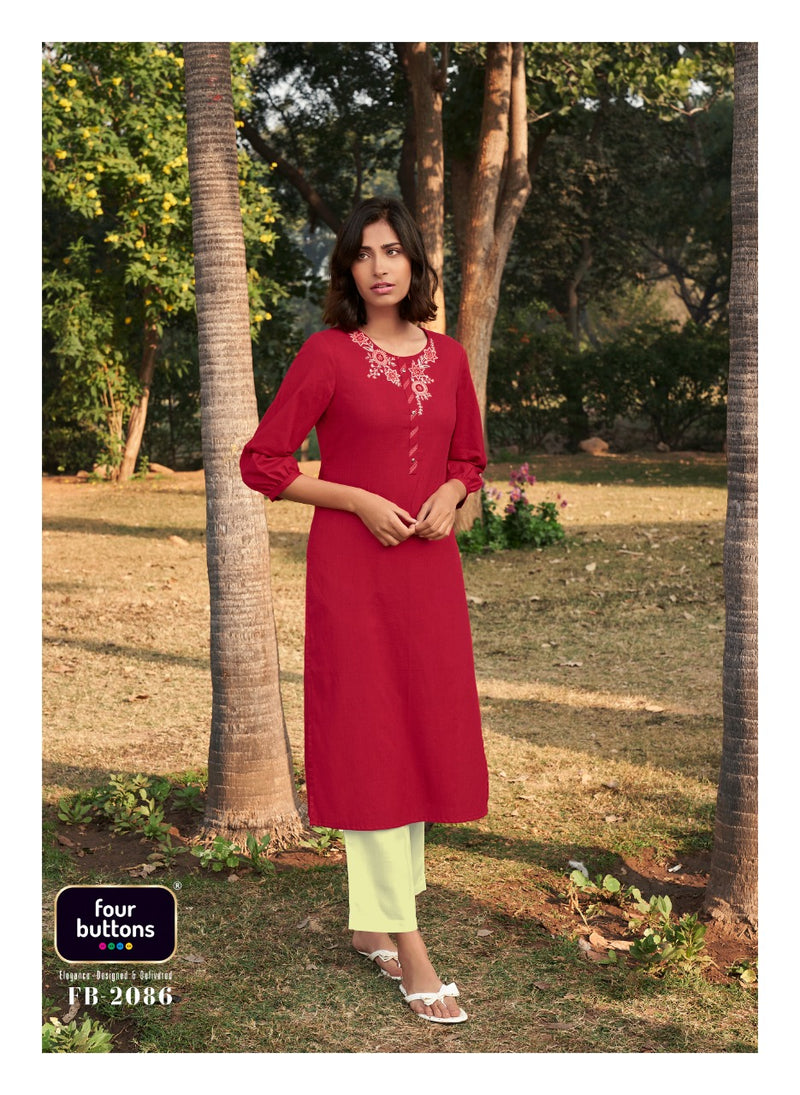 Four Button Colors Vol 14 Pure Cotton With Heavy Embroidery Work Stylish Designer Casual Kurti
