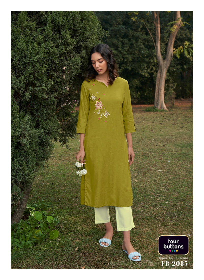 Four Button Colors Vol 14 Pure Cotton With Heavy Embroidery Work Stylish Designer Casual Kurti