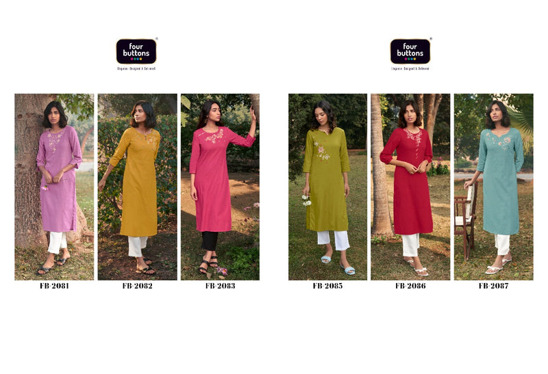 Four Button Colors Vol 14 Pure Cotton With Heavy Embroidery Work Stylish Designer Casual Kurti