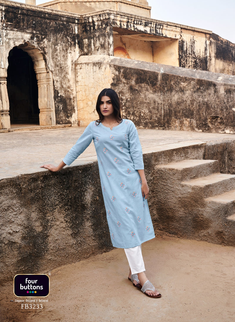 Four Buttons Colors Vol 15 Rayon All Over Intricate Embroideries Fancy Designer Kurti