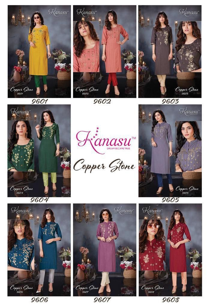 Kanasu Kurti Copper Stone Rayon Embroidered Party Wear Kurtis With Bottom