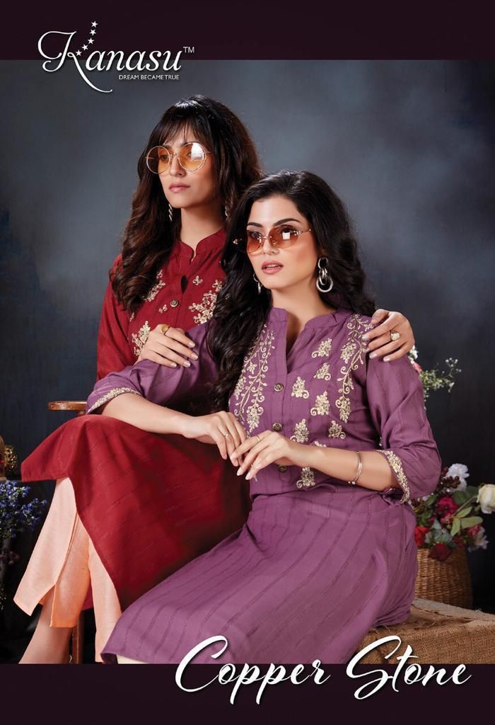 Kanasu Kurti Copper Stone Rayon Embroidered Party Wear Kurtis With Bottom