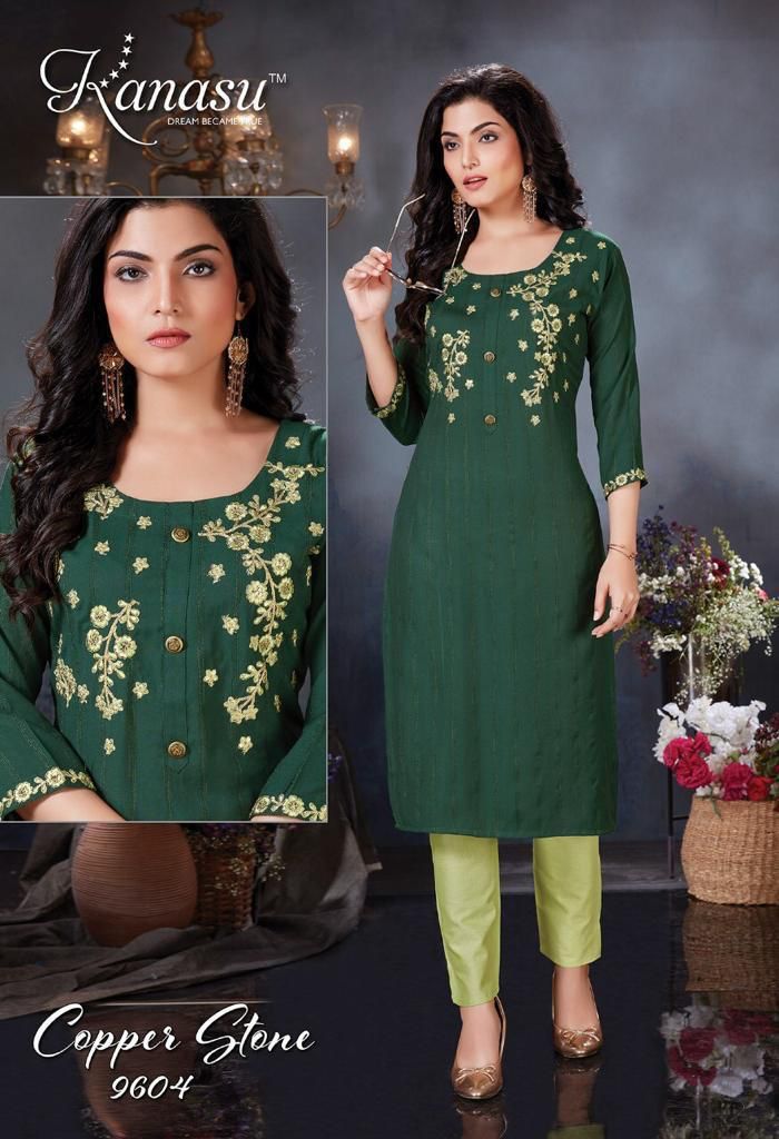 Kanasu Kurti Copper Stone Rayon Embroidered Party Wear Kurtis With Bottom