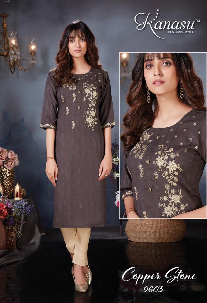 Kanasu Kurti Copper Stone Rayon Embroidered Party Wear Kurtis With Bottom