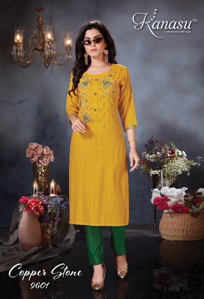 Kanasu Kurti Copper Stone Rayon Embroidered Party Wear Kurtis With Bottom
