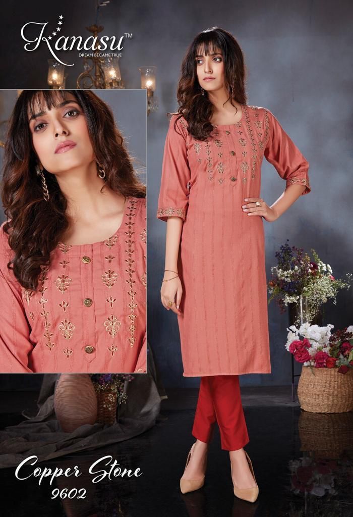 Kanasu Kurti Copper Stone Rayon Embroidered Party Wear Kurtis With Bottom