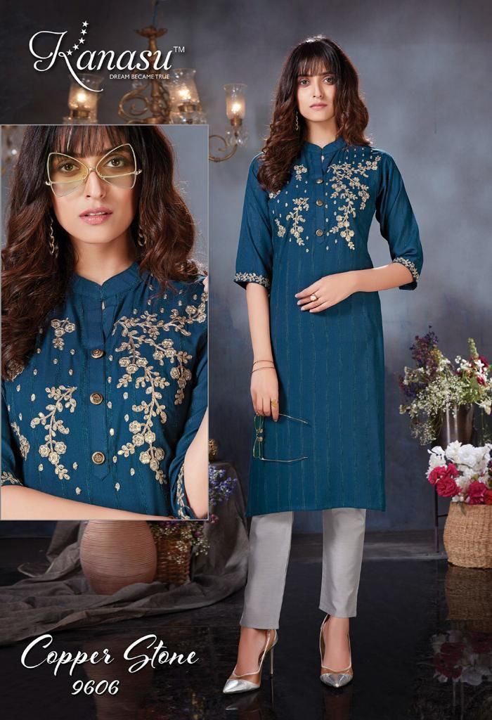 Kanasu Kurti Copper Stone Rayon Embroidered Party Wear Kurtis With Bottom