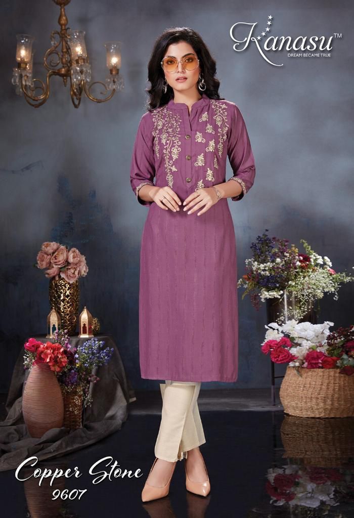 Kanasu Kurti Copper Stone Rayon Embroidered Party Wear Kurtis With Bottom