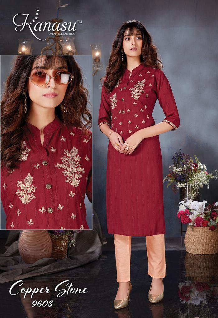 Kanasu Kurti Copper Stone Rayon Embroidered Party Wear Kurtis With Bottom