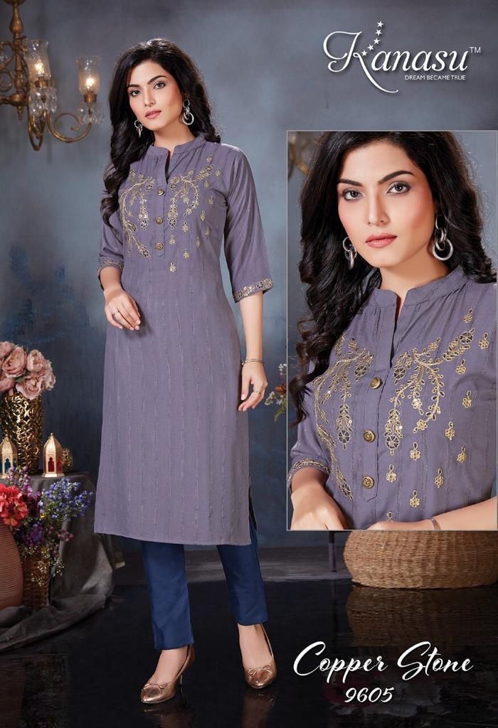 Kanasu Kurti Copper Stone Rayon Embroidered Party Wear Kurtis With Bottom