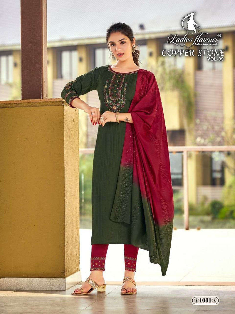 Ladies Flavor Copper Stone Vol 9 Nylon Viscose Party Wear Kurtis With Dupatta & Bottom