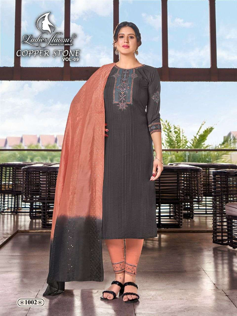 Ladies Flavor Copper Stone Vol 9 Nylon Viscose Party Wear Kurtis With Dupatta & Bottom