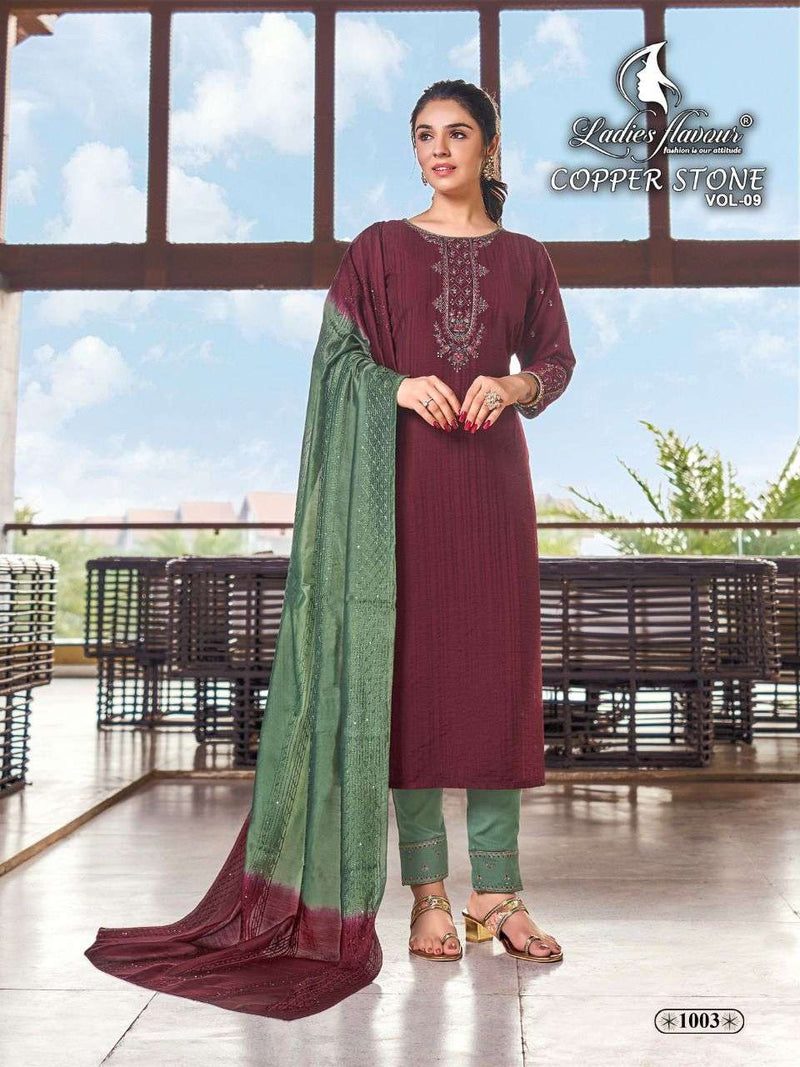 Ladies Flavor Copper Stone Vol 9 Nylon Viscose Party Wear Kurtis With Dupatta & Bottom