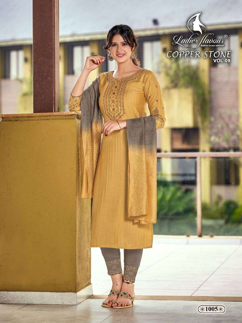 Ladies Flavor Copper Stone Vol 9 Nylon Viscose Party Wear Kurtis With Dupatta & Bottom