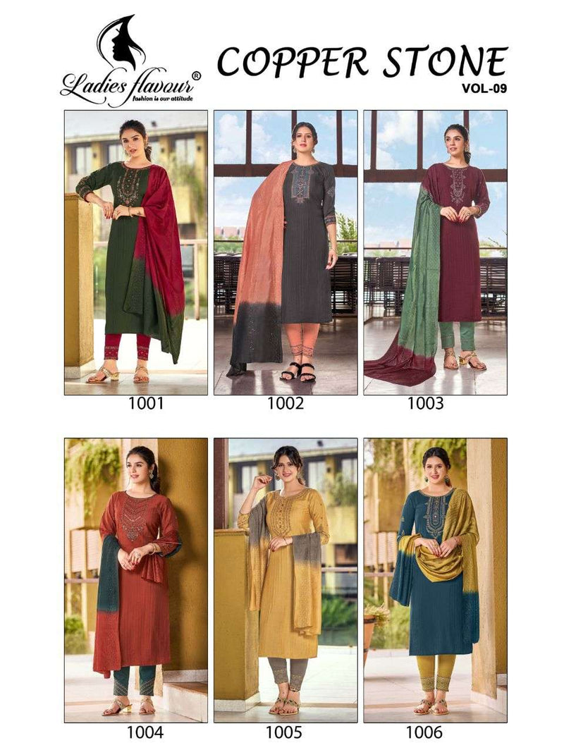 Ladies Flavor Copper Stone Vol 9 Nylon Viscose Party Wear Kurtis With Dupatta & Bottom