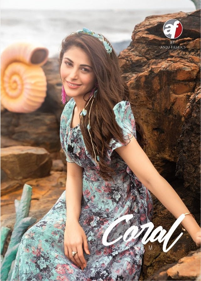 Anju Fabrics Coral Chiffon Printed Gown Style Fancy Party Wear Kurtis