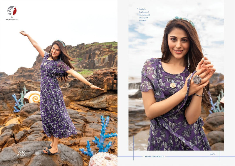 Anju Fabrics Coral Chiffon Printed Gown Style Fancy Party Wear Kurtis