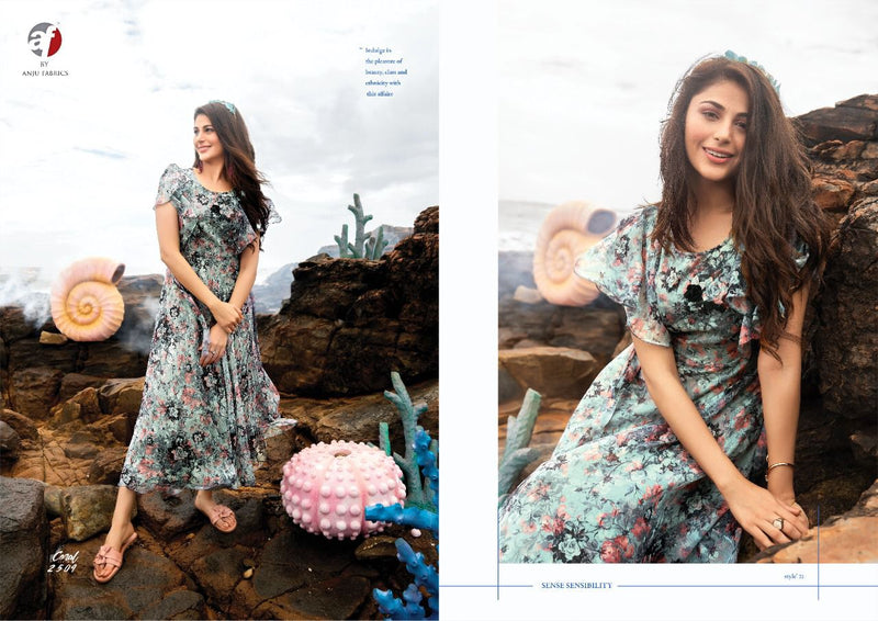 Anju Fabrics Coral Chiffon Printed Gown Style Fancy Party Wear Kurtis