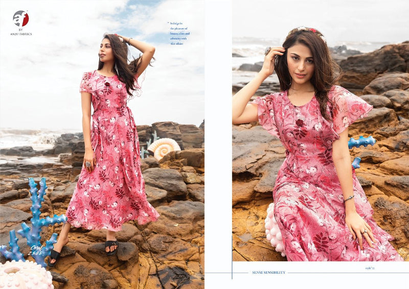Anju Fabrics Coral Chiffon Printed Gown Style Fancy Party Wear Kurtis