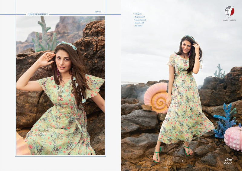 Anju Fabrics Coral Chiffon Printed Gown Style Fancy Party Wear Kurtis