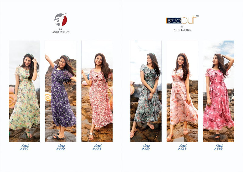 Anju Fabrics Coral Chiffon Printed Gown Style Fancy Party Wear Kurtis