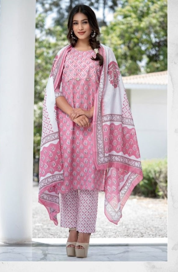 Psyna Cotton Candy Cambric Cotton Party Wear Kurtis With Bottom And Dupatta