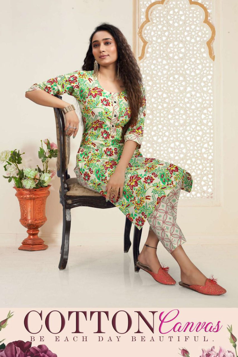 MF Cotton Canvas Cotton Printed Fancy Casual Wear Kurtis With Bottom