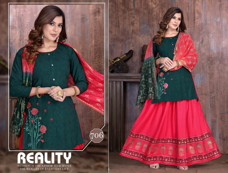 Golden Creamy Vol 1 Rayon Designer Festive Wear Fancy Kurtis With Skirt & Dupatta