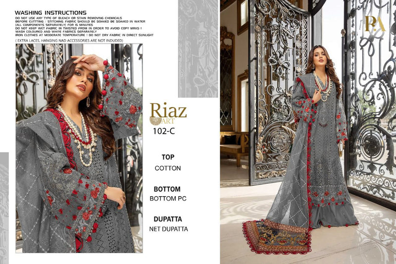 Riaz Art D No 102 A B C  Pure Cotton  Prrty Wear Salwar Suit