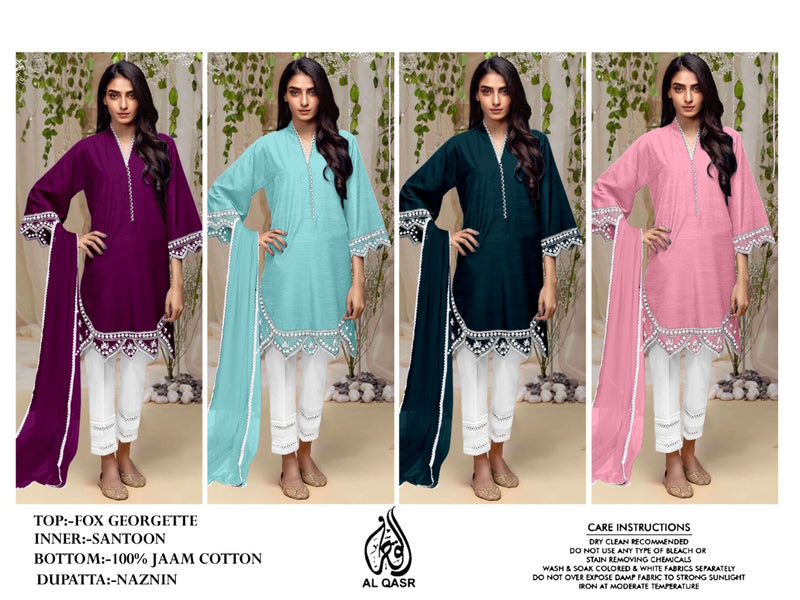 AL Qasar D No 1201 Georgette Embroidered Designer Party Wear Kurtis With Pant Style  Bottom  & Dupatta