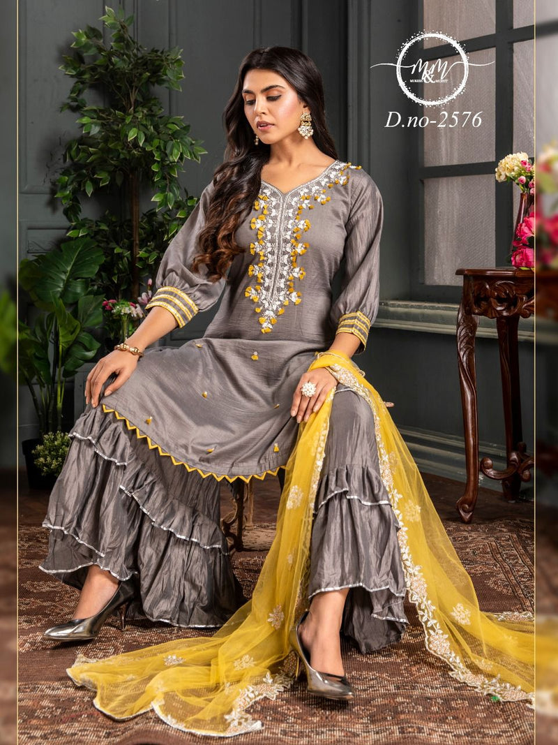 M And M D No 2576 Fancy Embroidered Designer Sharara Style Wedding Wear Salwar Suits