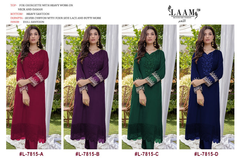AL Laam D No 7815 Fox Georgette Pakistani Style Party Wear Kurtis With Bottom & Dupatta