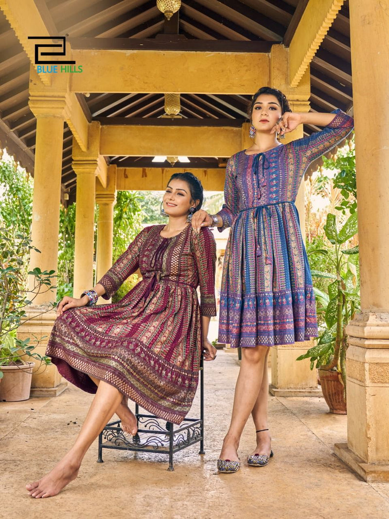 Blue Hills Desi Vdesi Rayon With Printed Work Stylish Designer Party Wear Fancy Kurti