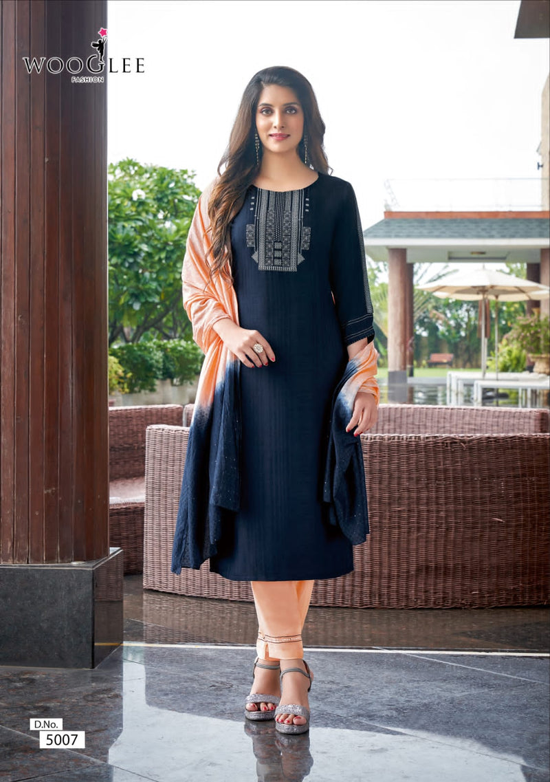 Wooglee Destiny NX Nylone Viscose Fancy Party Wear Kurtis With Set Of Bottom & Dupatta