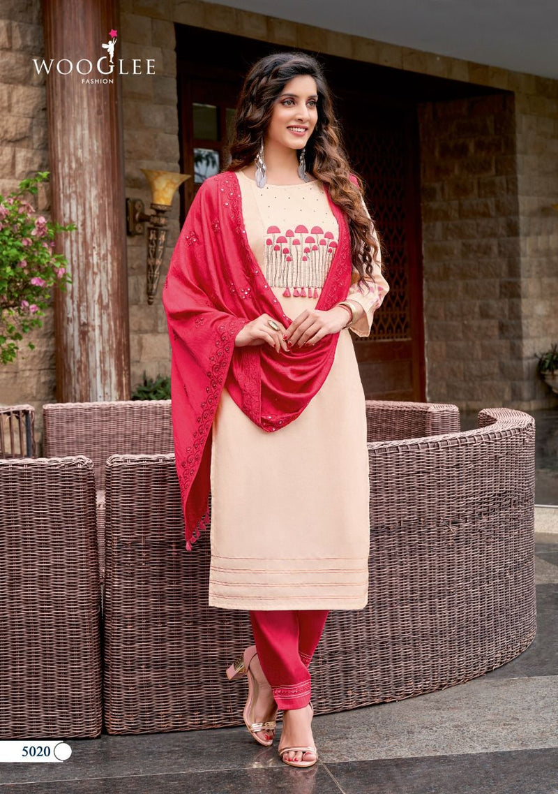 Wooglee Destiny Vol 3 Nylon Viscose Fancy Stylish Festive Wear Embroidered Kurtis With Set Of Dupatta & Bottom
